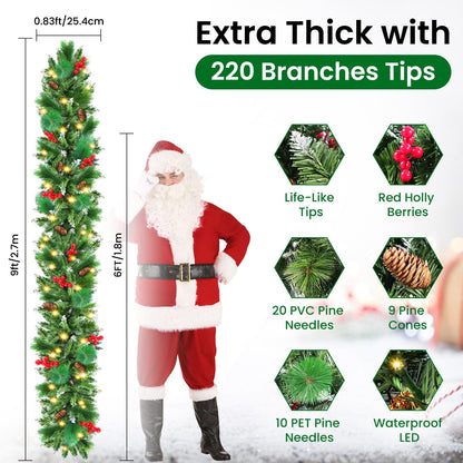 Christmas Garland with Lights, 50 LEDs 9FT Prelit Garland Battery Operated Outdoor Indoor Christmas Decorations Lighted Garland for Stairs Railing Fireplace Mantle Front Door Home Holiday Decor