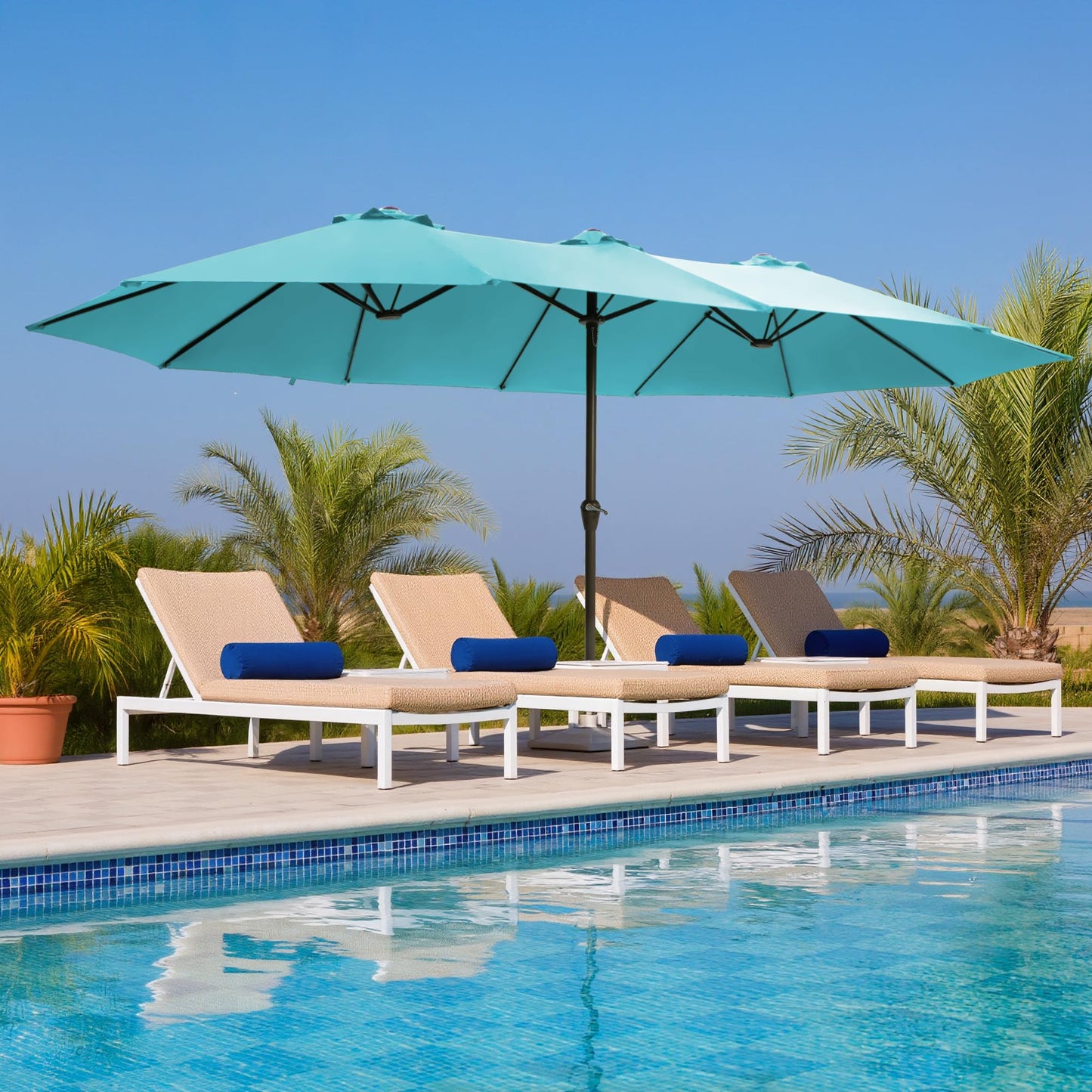 Ayge 15FT Patio Umbrella with Base,Large Outdoor Double-Sided Rectangle Umbrella with Crank Handle, Market Umbrella for Poolside Garden Deck Backyard Beach Pools,Light Blue