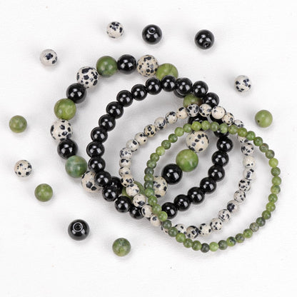 Vinswet 4pcs Natural Stone Beaded Bracelets for Women Men,Healing Crystal Gemstones Stretch Bracelet,4mm 6mm 8mm 10mm Southern jade Dalmatian Jasper Black Obsidian Anxiety Stress Relief Bracelet Jewelry Gifts