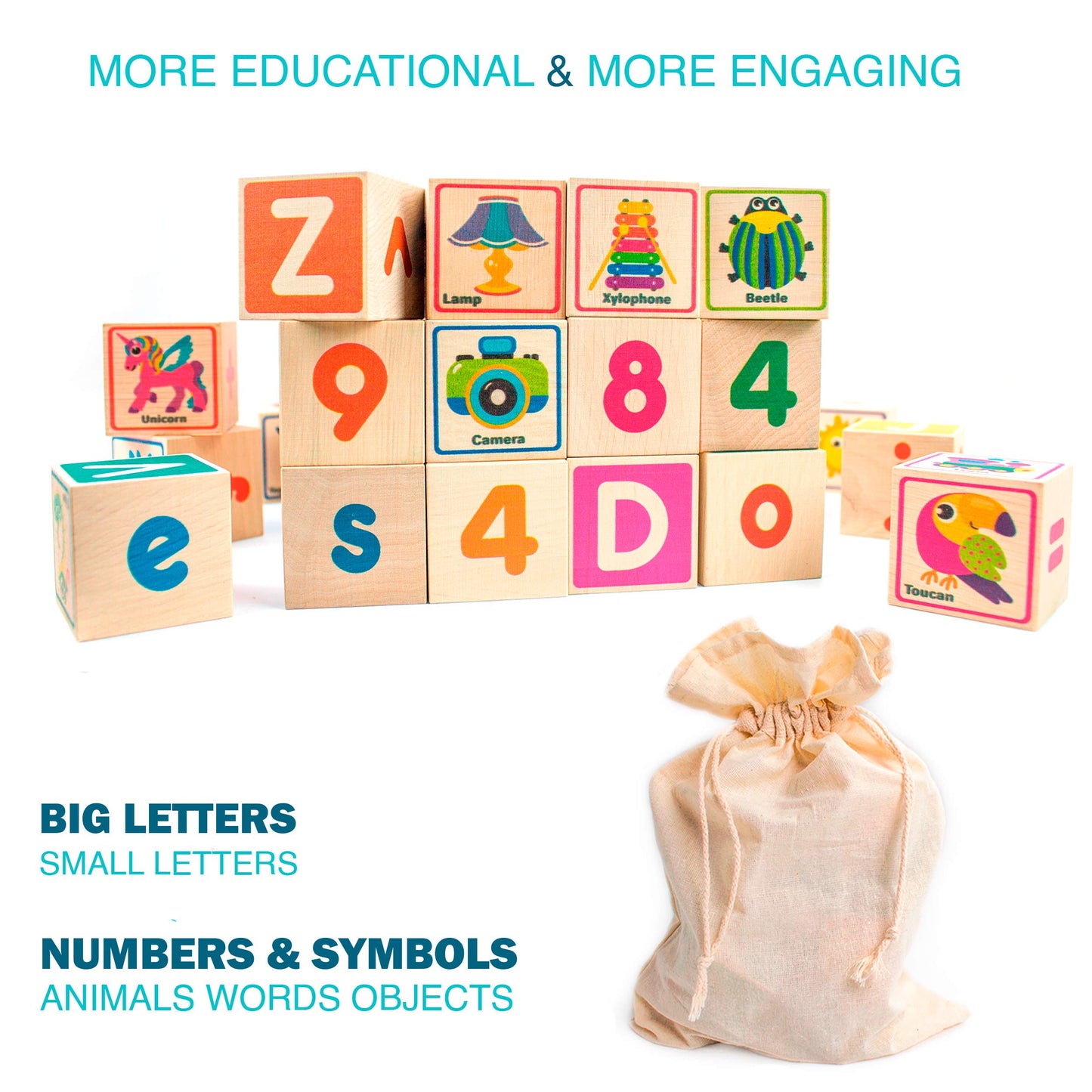 QUOKKA Wooden Blocks for Toddlers 1-3 - 26 ABC Learning Baby Blocks for Kids 3-5 Year Olds Stacking Alphabet Wood Toys for 2-4 yo - Educational with Letters Numbers - Updated Edition