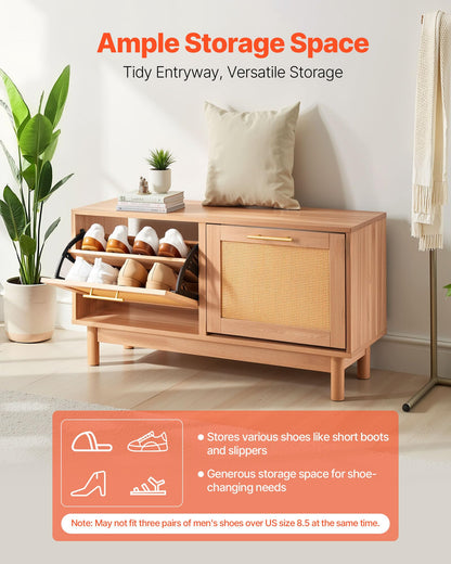 VEVOR Rattan Shoe Storage Bench, Entryway Bench with 2 Flip Drawers, Holds up to 300 lbs with 4 Compartments and 2 Rattan Doors, 39.4 x 11.8 x 20.9 Inches for Hallway, Living Room, Bedroom