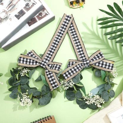 Syhood 2 Pieces 9" Mini Eucalyptus Wreath Artificial Spring Summer Greenery Wreath for Front Door Farmhouse Kitchen Cabinet with Ribbon for Porch Wall Window Decor(Plaid Bow Style)