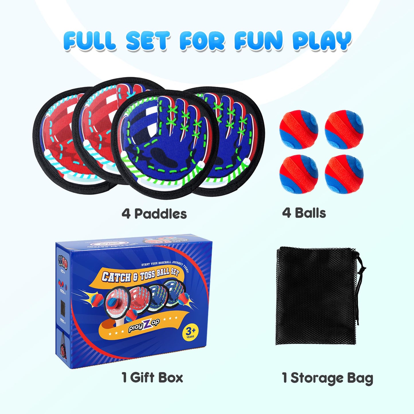 PlayZap Toss and Catch Ball Set Ultra Soft Fabric - Birthday Gift for Toddlers Kids Boys Girls 2-4 5-7 8-13+ Yrs - Baseball Glove Toy Indoor Outdoor Yard Game & Beach/Pool Toy Set 4 Pack