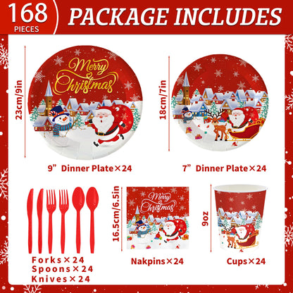 Nisdfeal168 Pcs Premium Christmas Party Tableware Set Santa & Snowman Themed Disposable Plates, Napkins, Cups, Cutlery for 24 Guests | Holiday Dinnerware for Festive Gatherings