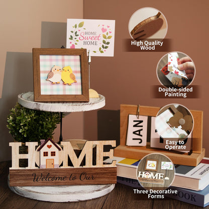 GAGILAND 48 Pcs Mother's Day Bee Day Tiered Tray Decor Summer Father's Day Interchangeable Seasonal Home Decor Wooden Signs 17 Themes Tiered Tray Decorations Set Year Round Holiday Decoration for Home