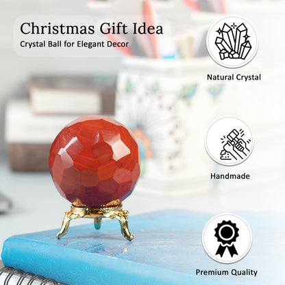 Crocon 50mm Red Jasper Diamond Cut Stone Sphere Ball with Metal Stand 1400+ Carats Gemstone Ball Healing Ornament Rock Sphere Sculpture Figurine for Fengshui Divination Crystal Home Decor Photography