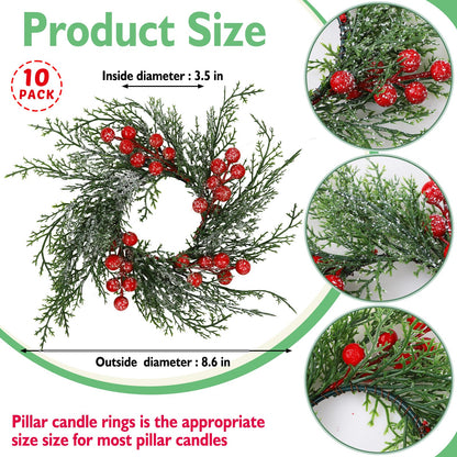 Serlvan 10 Pcs Christmas Candle Rings Wreath Artificial Candle Rings with Red Berry, Snowy Pine Garland Candle Ring Holder for Christmas Decorations Table Centerpiece