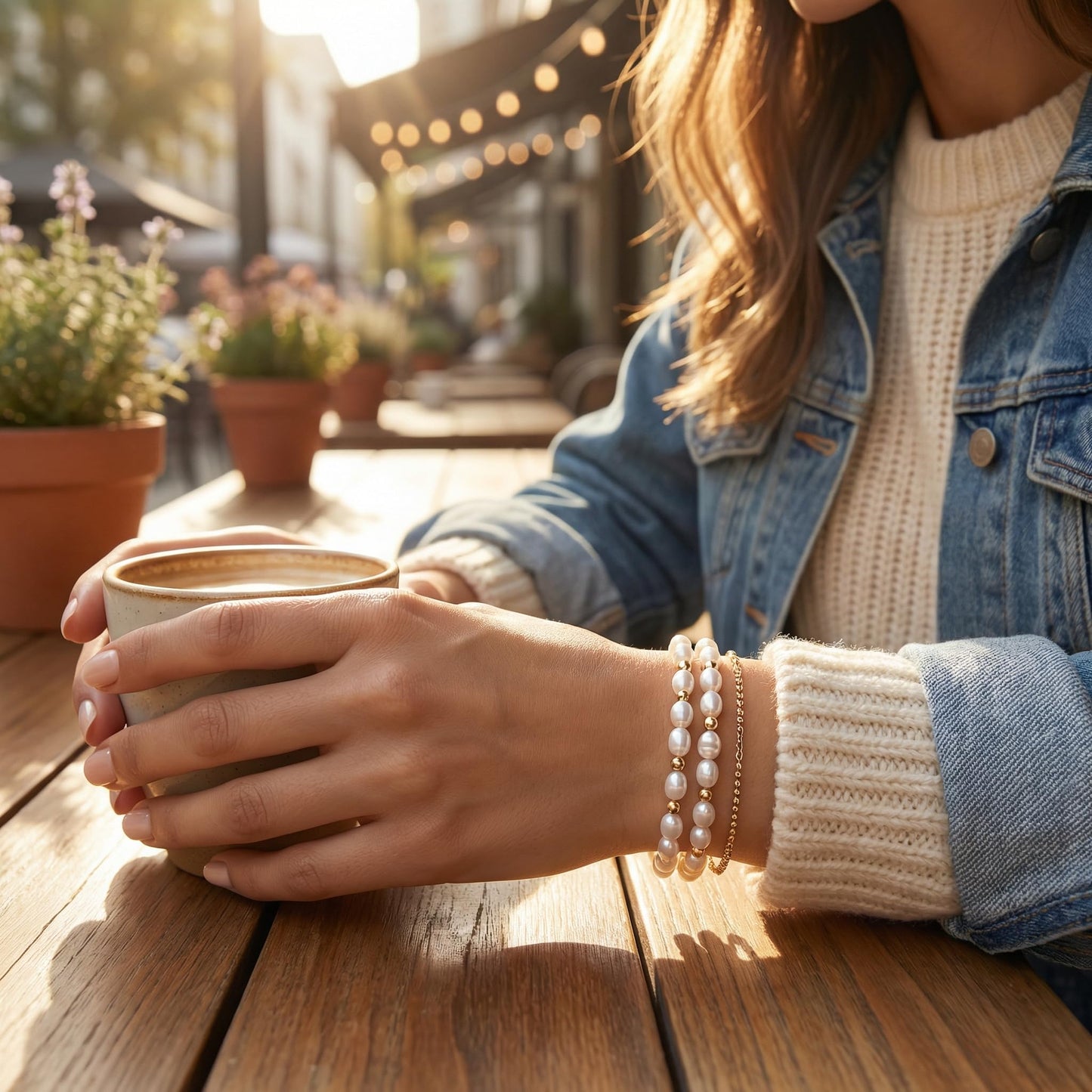 Pearl Bracelets for Women - 3 Pcs Gold Tone Dainty Beaded Bracelet Set - Minimalist Layered Simulated Pearl Link Chain Jewelry for Wedding Bridesmaid Party (White & Gold)