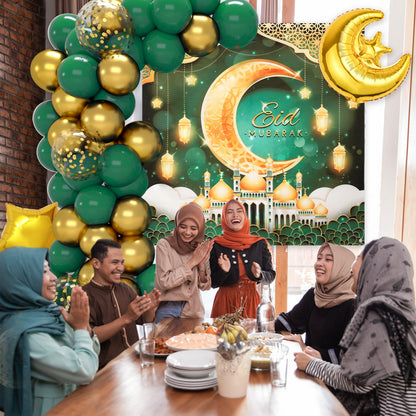 Eid Mubarak Decorations for Home - 74pcs Ramadan Decorations with Green Gold Star Moon Ramadan Balloons and Eid Mubarak Banner for Ramadan Decor