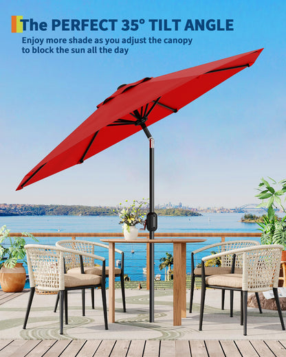 GarveeLife 9 ft Outdoor Patio Umbrella, Table Market Umbrella With Push Button Tilt and Crank, 8 Sturdy Ribs UV Protection Waterproof for Garden, Deck, Backyard, Pool (Red)