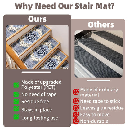 Stair Treads Non Slip 15 Pack 8" X 30" Stair Treads for Wooden Steps, Washable Self Adhesive Stair Runners Stain Resistant Stair Carpet, Edging Staircase for Kids Elders and Dogs (Style 2)