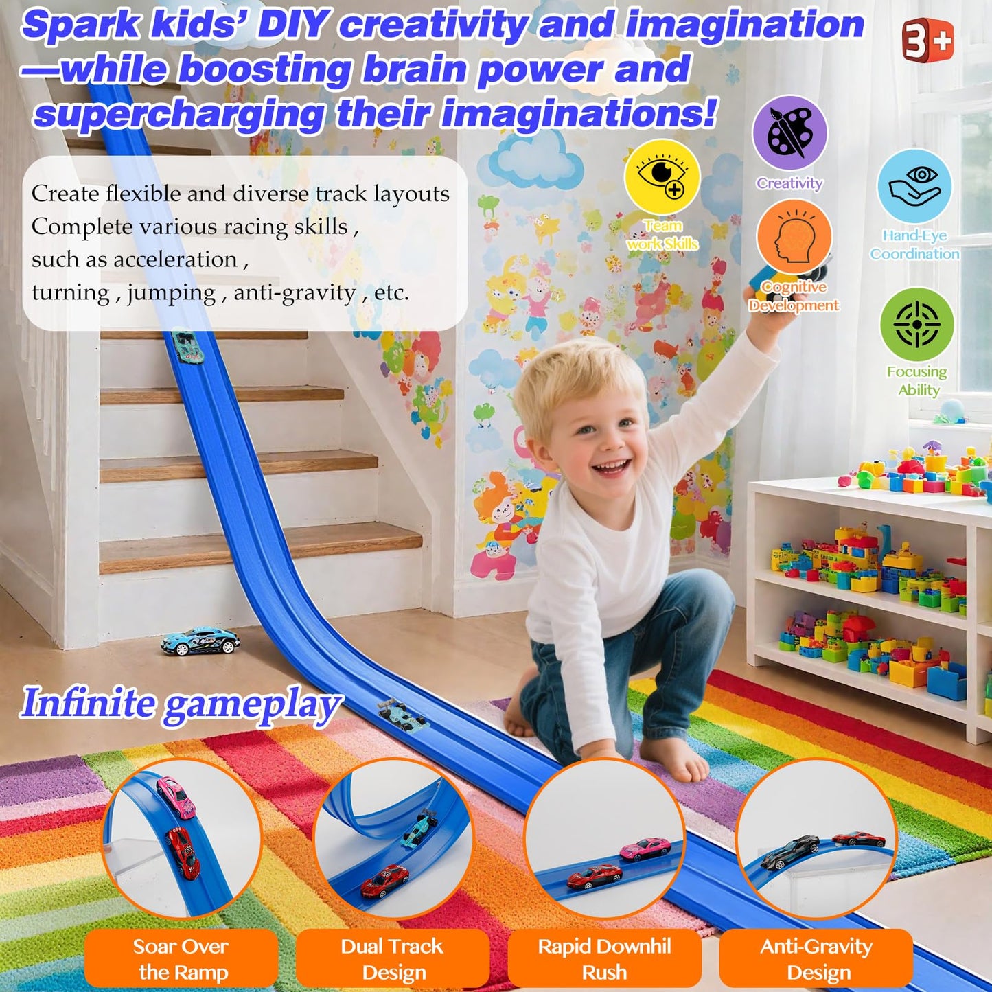 Flexible Car Track for Kids: 15 Ft of Portable Roll-Up DIY Flexible Race Track with 8 Cars & 4 Strong Suction Cups Car Ramp Toy Track, – A Great Birthday for Boys & Girls Ages 3+ (Blue)