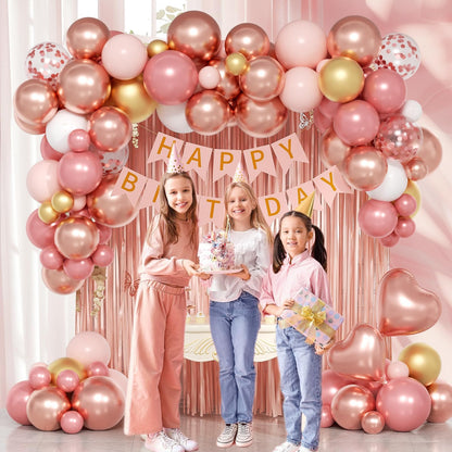 Rose Gold Birthday Decorations with Metallic Pearl Rose Gold Confetti Light Pink White Foil Balloons Fringe Curtain Banner Happy Birthday Decorations for Women