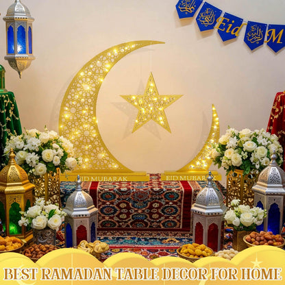 Wesiti 2 Pcs Eid Al Adha Decorations Eid Mubarak Wooden Table Decoration Islamic Gifts for Muslim Gold Crescent Lamp with Moon Star Centerpiece Light for Al Adha Decor Muslim Holiday Celebration