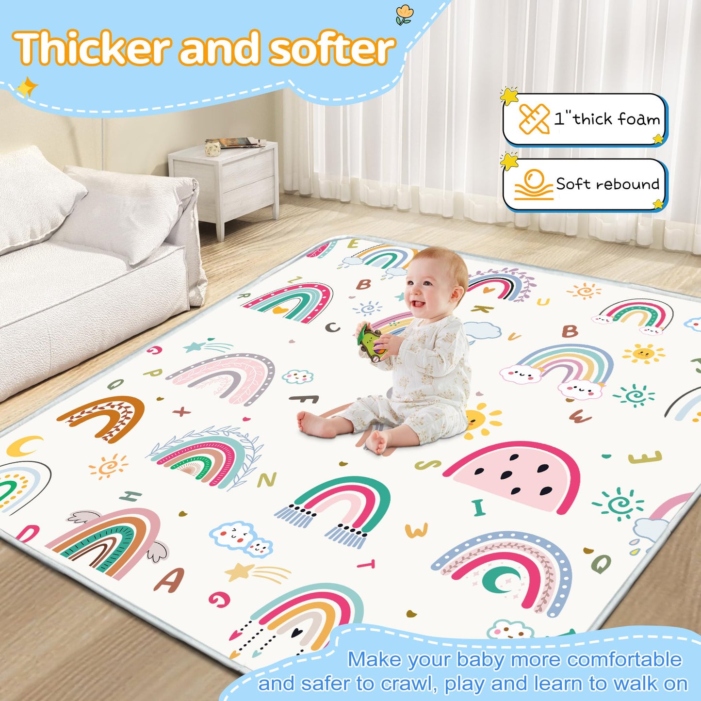 Baby Play Mat, 1-Inch Thick Foam 50" X 50" Playpen Mat,Waterproof & Non - Slip Playmat for Baby Play on Floor, Wipe - Clean, Ideal for Infants, Toddlers & Kids' Crawling and Tummy Time(Rainbow)