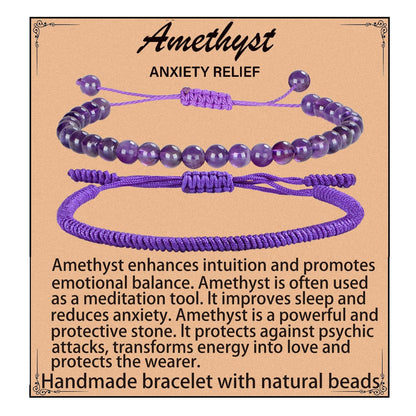 LPBeads 6mm Purple Amethyst Bracelet with Handmade Rope Bracelet Size Adjustable Natural Stone Crystal Healing Bracelets Gifts for Unisex Adults