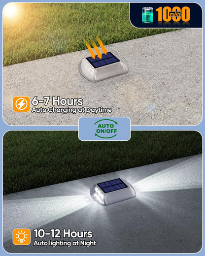 DetarZinLED Deck Lights Solar Powered, 4 Pack White Solar Pathway Driveway Light Outdoor IP68 Waterproof, Stick on & Screw Markers Deck Lights for Dock, Walkway, Sidewalk, Patio, Pool, Garden, Step