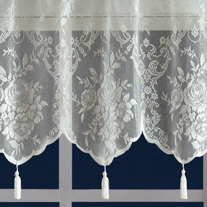 Warm Home Designs Pair of 2 Ivory Color Long Length 54” (W) x 96” (L) Semi Sheer Lace Curtain Panels & Attached Matching Valances with 6 Tassels. Classic Elegant English Rose Pattern. L Ivory 96”