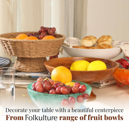 Folkulture Wooden Fruit Bowl for Kitchen Counter | 12" Large Premium Eco Friendly Banana Fruit Basket for Kitchen | Acacia Wood Bowl with Holder, Pedestal for Table Decor, Centerpiece for Dining Table