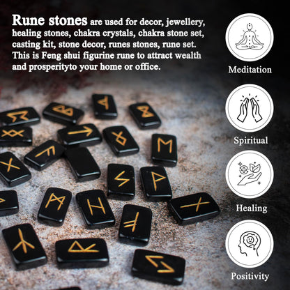 Crocon Black Agate Rectangle Shape Gemstone Runes with Elder Futhark Alphabet Engraved 25 pcs Rune Set Crystal Metaphysical Healing Chakra Reiki Runes Set with a Pouch Fathers day gift Size: 20-25mm