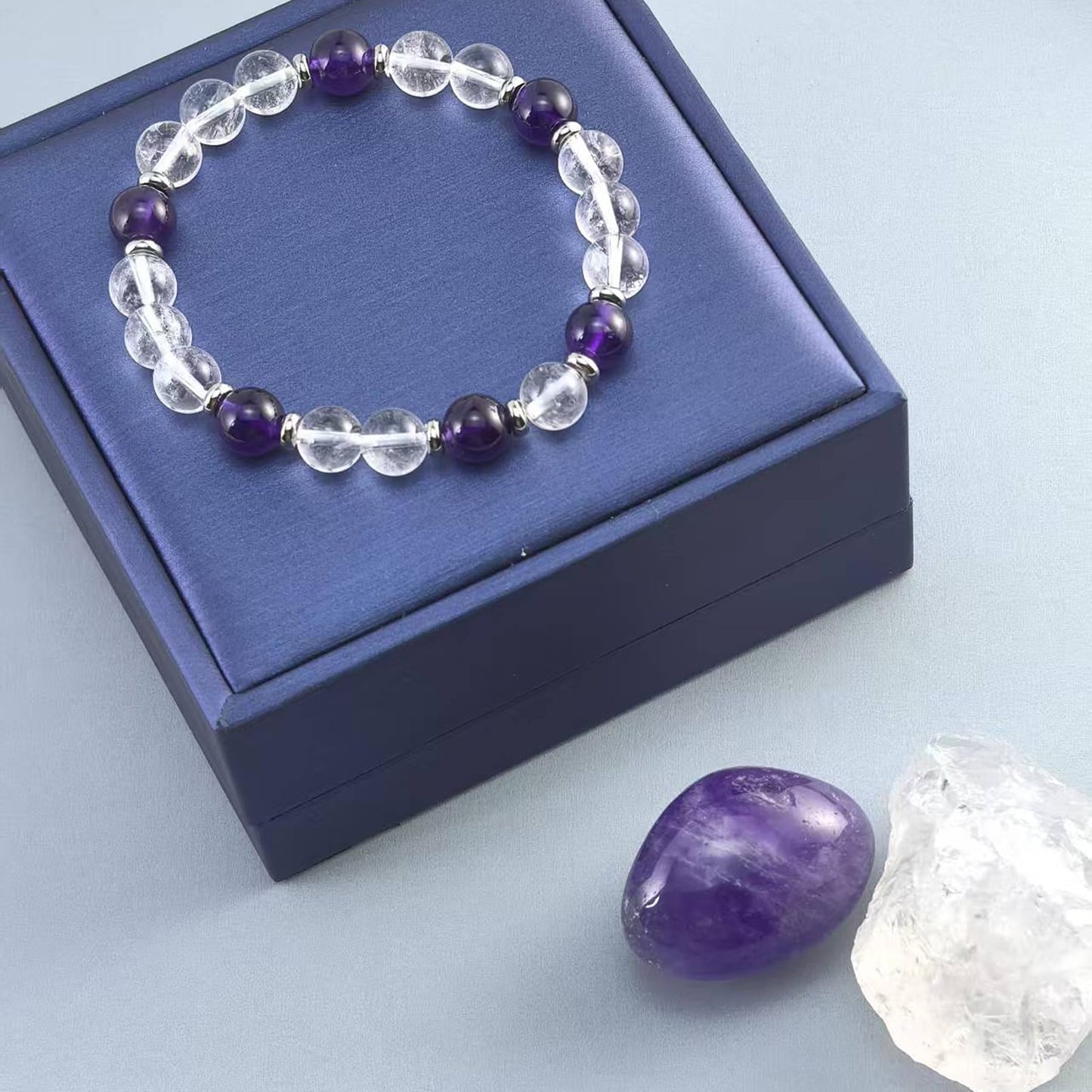 Atminafays 8MM Healing Crystal Bracelet - Amethyst & Clear Quartz | Natural Stone Energy Jewelry for Anxiety Relief and Stress & Positive,adjustable 6.5-8"