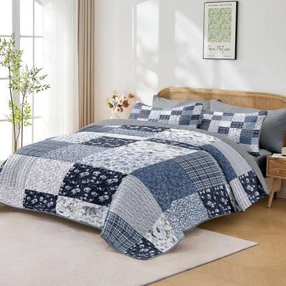 Pamnest Patchwork Quilt Set Queen Size, Floral Boho 3 Pcs Soft Bed Cover Bedding Set, Rustic Blue Farmhouse Lightweight Bedspread Coverlet with 2 Pillow Shams for All Season