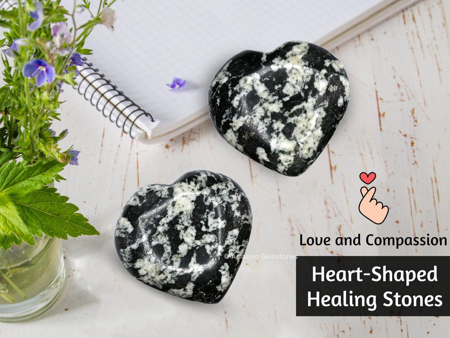 Black & White Tourmaline Crystal Heart Palm Stone - Pocket Massage Worry Stone for Natural Body Chakra Balancing, Reiki Healing and Crystal Grid