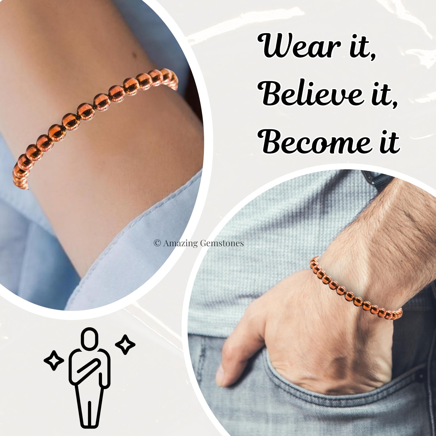 Copper Hematite Bracelet for Women Men's Gifts - Protection Healing Crystal Bracelet - 6mm Gemstone Beaded Adjustable Bracelet Pulseras Para Hombres Mujer Stocking Stuffers