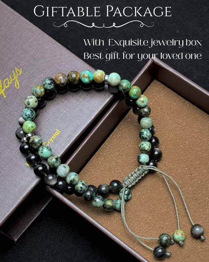 Atminafays 6MM Stackable Healing Bracelet - Mookaite Jasper, Tiger's Eye & African Turquoise with Silver Sheen Obsidian Beads | Adjustable Handwoven Cord | Boho Chic Spiritual Jewelry for Men & Women (Calm & Luck)