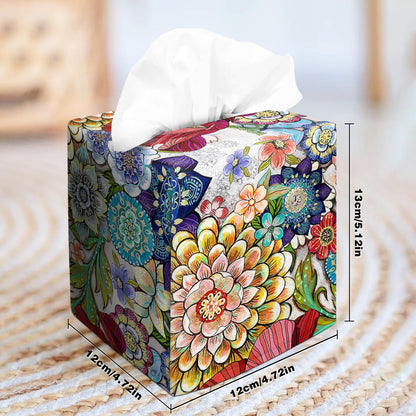 Tissue Box Cover Square Velvet Decorative Tissue Box Holder Cute Funny Cube Tissue Case Cover-Boho Floral Tissue Box Cover
