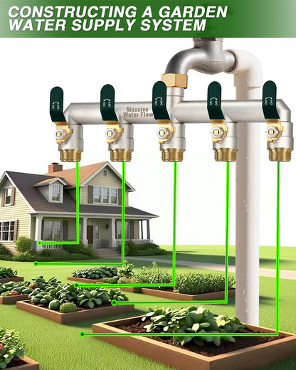 5 Way Hose Splitter, Heavy Duty Full Flow Garden Hose Splitter with 4 Large Metal Handles, Brass Water Hose Bib Splitter, T Adapter Connector with 3/4 - Inch GHT Thread (Green)