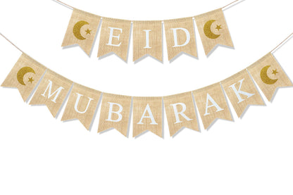 Uniwish Eid Mubarak Banner Burlap Eid Mubarak Decorations for Home Mantel Fireplace Decor Rustic Ramadan Moon Star Hanging Bunting