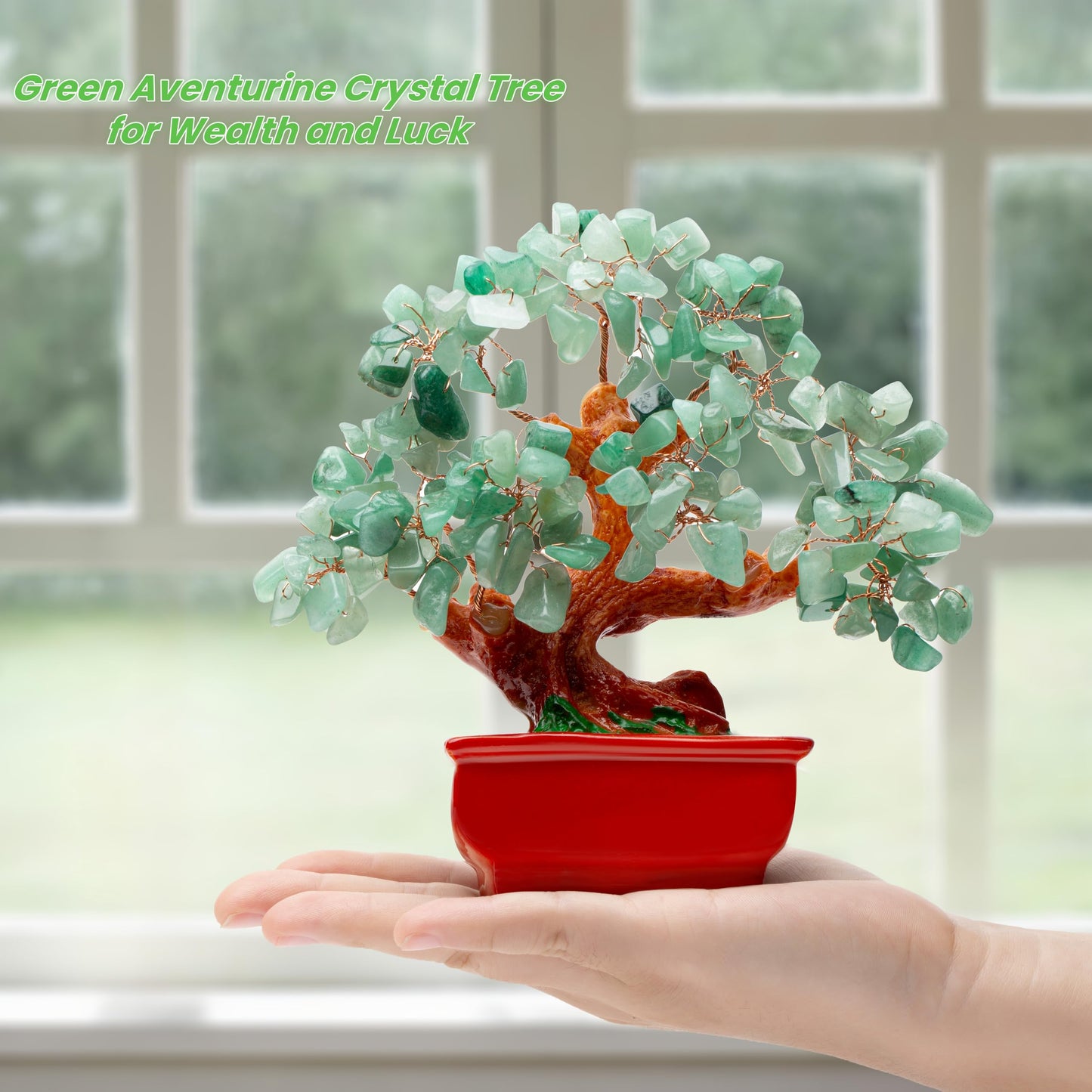 QINJIEJIE Green Aventurine Crystal Healing Money Tree of Life Feng Shui Decor Energy Gemstone Office Desk Meditation Spiritual Gift