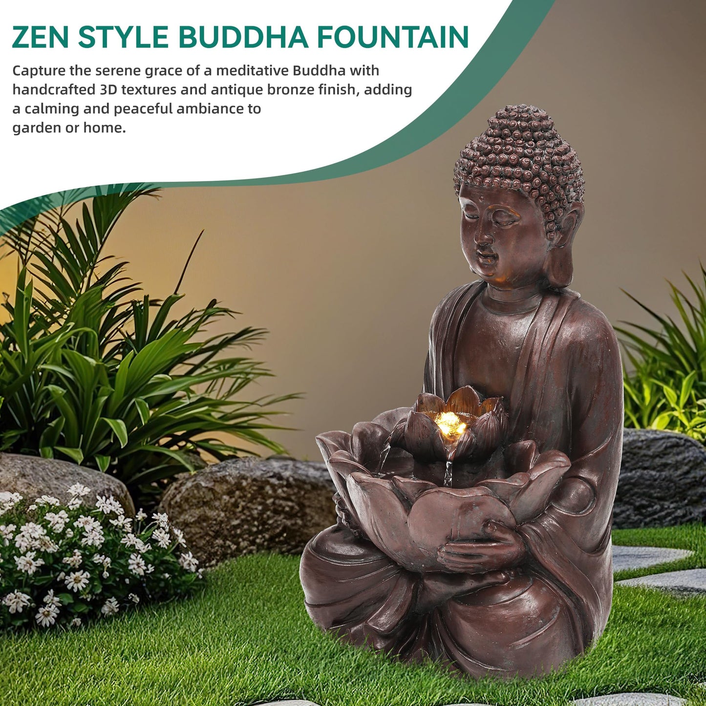 Autodaya 18.9" H Buddha Outdoor Water Fountain, Zen Style Garden Fountain with LED Lights and Pump, Relaxing Waterfall for Patio, Porch, or Yard Decor, Faux Bronze
