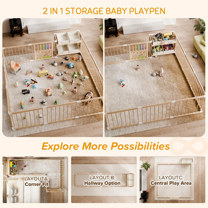 IKALIFE Large Wooden Baby Storage Playpen - Adjustable Play Yard for Babies and Toddlers, Baby Fence Activity Center with Locking Gate, 4 Toy Storage Cases Portable Play Pen 9+3 Panels 47.2”×70.9”