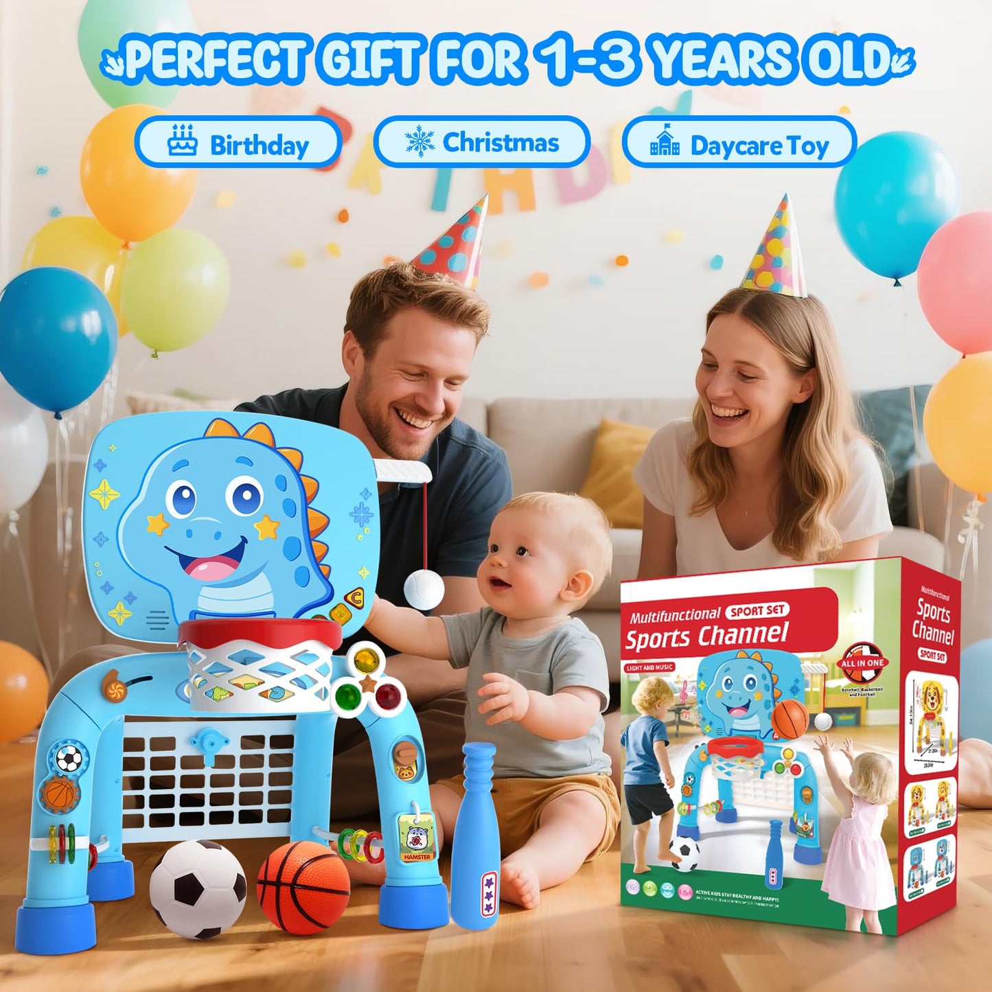 Toys for 1 Year Old Boy - Toddler Basketball Hoop & Soccer Goal & Baseball Activity Center with Light Sound Music, Dinosaur Montessori Sports Toy, Christmas Birthday Gift for Baby 12-18 Months, Blue