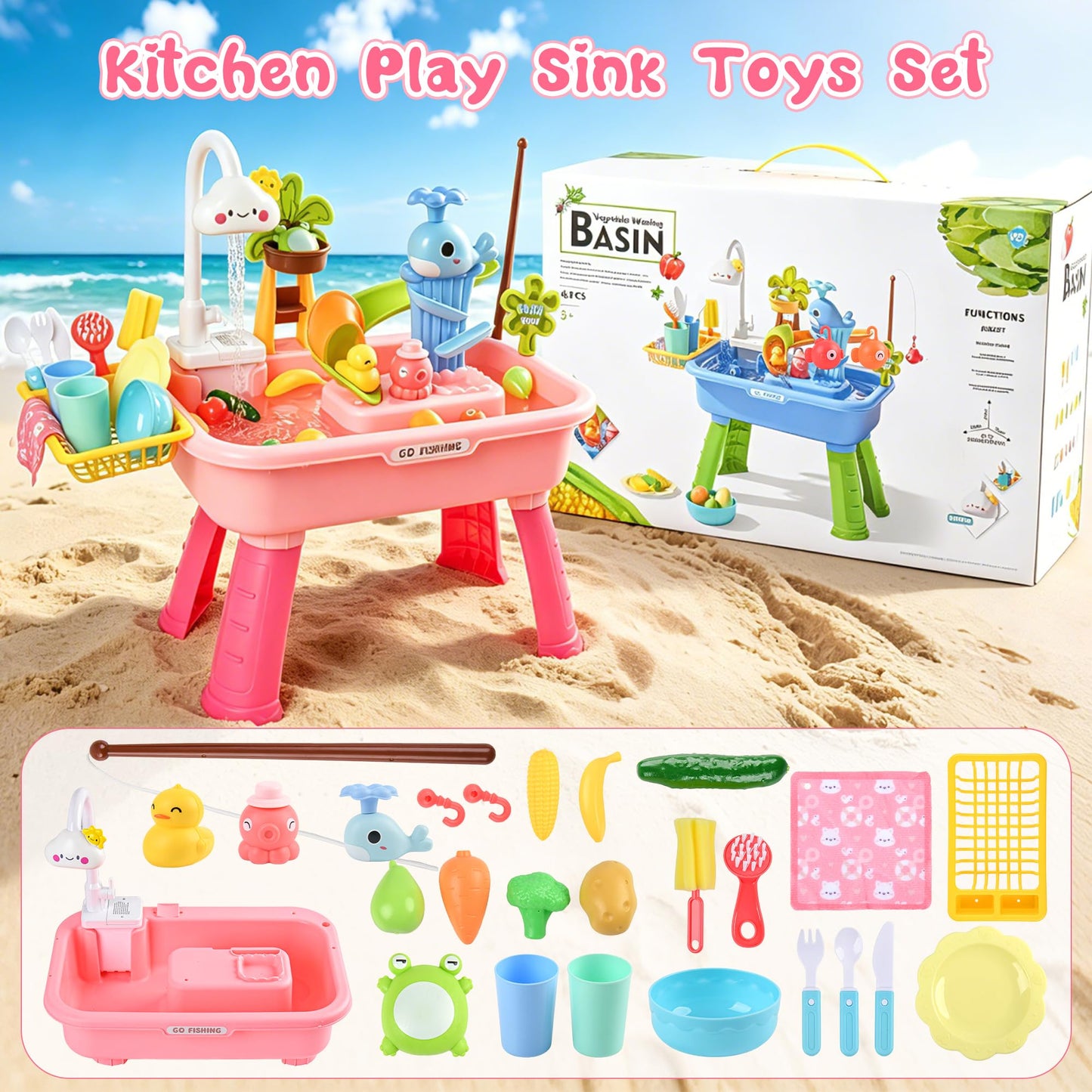 HUASHILUO Upgraded Water Table for Toddlers 1-3 with Electric Water Pump, Kids Water Table with Faucet, Play Food Accessories Fishing Toy, Kitchen Play Sink Toys for Girl Boy