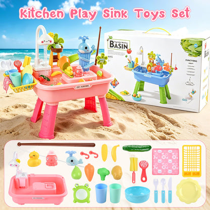 HUASHILUO Upgraded Water Table for Toddlers 1-3 with Electric Water Pump, Kids Water Table with Faucet, Play Food Accessories Fishing Toy, Kitchen Play Sink Toys for Girl Boy