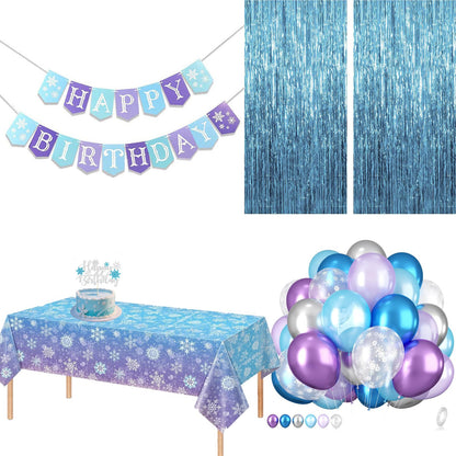 Jaciya Frozen Birthday Party Decorations Kit - Snowflake Balloons, Tablecloth, Backdrop, Cake Toppers & Happy Birthday Banner