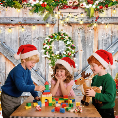 Christmas Photo Backdrop for Photography, Rustic Barn Wood Door Backdrops for Photoshoot, Xmas Tree Snow Red Gift Christmas Party Decorations 7x5ft