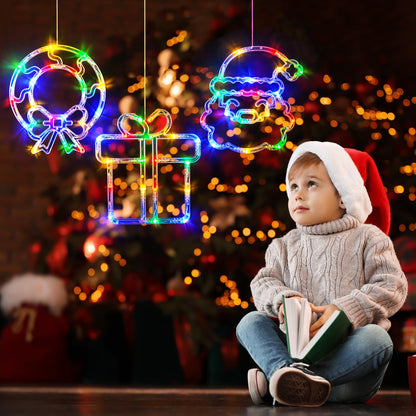 LOLStar Christmas Window Decorations 3 Pack Wreath Gift Box Santa Claus Christmas Window Lights with Suction Cups, Battery Operated Xmas Lights Decors, 2025 Upgrade Slow Fade Mode and Timer Function