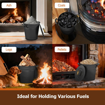 COSTWAY Ash Bucket with Lid Set of 2, 2.9 Gallon Metal Coal Ash Can w/Wooden Lid, Side Grips, Indoor & Outdoor Fireplace Ash Tool Cleaning Bucket for Fireplace Fire Pits Wood Burning Stoves, Black