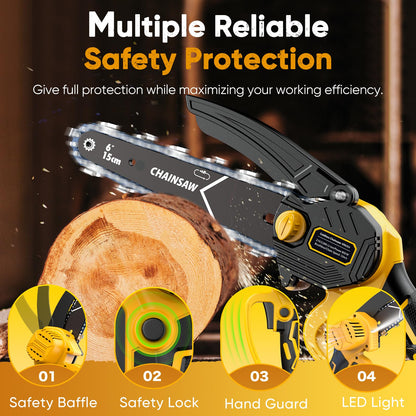 Mini Chainsaw- 6 Inch Electric Mini Chain Saw Cordless Battery Powered One-Hand Tree Trimming Saw with 2 Batteries, Portable Gardening Gadgets for Men, Unique Birthday Gifts (Yellow)