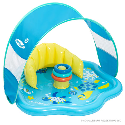 SwimSchool Baby Splash Play Mat with Adjustable Canopy – Inflatable Play Pool for Babies & Infants with Backrest – Includes Baby Water Toy Rings – Seafoam Blue Lemon