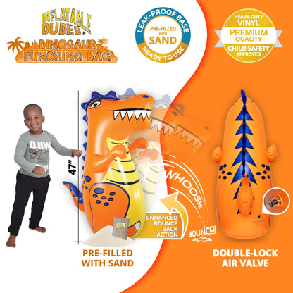 INFLATABLE DUDES Dinosaur Toy 47 Inches - Kids Punching Bag | Already Filled with Sand| T-Rex | Bop Bag | Inflatable Bopper | Punching Bag for Kids | Dinosaur Party Decorations | Boxing - (Rex)