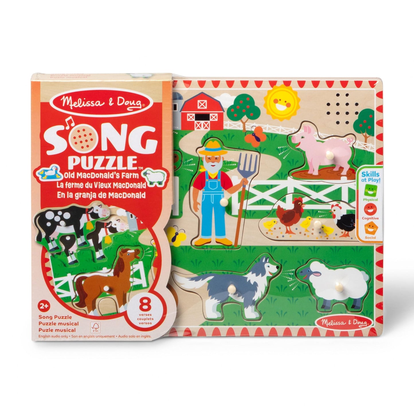 Melissa & Doug Old MacDonald's Farm Song Puzzle – 8-Piece Wooden Peg Puzzle with Light-Activated Sounds, Music Learning Toy for Toddlers and Preschoolers Ages 2+