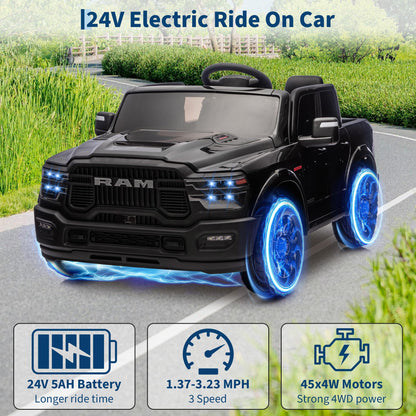 GarveeLife 24V Ride on Toys Licensed RAM 2500, 2 Seater Ride on Truck w/Remote Control, Spacious Truck Bed, 3 Speed, LED Lights, Suspension, Birthday Xmas Gifts for Boys Girls