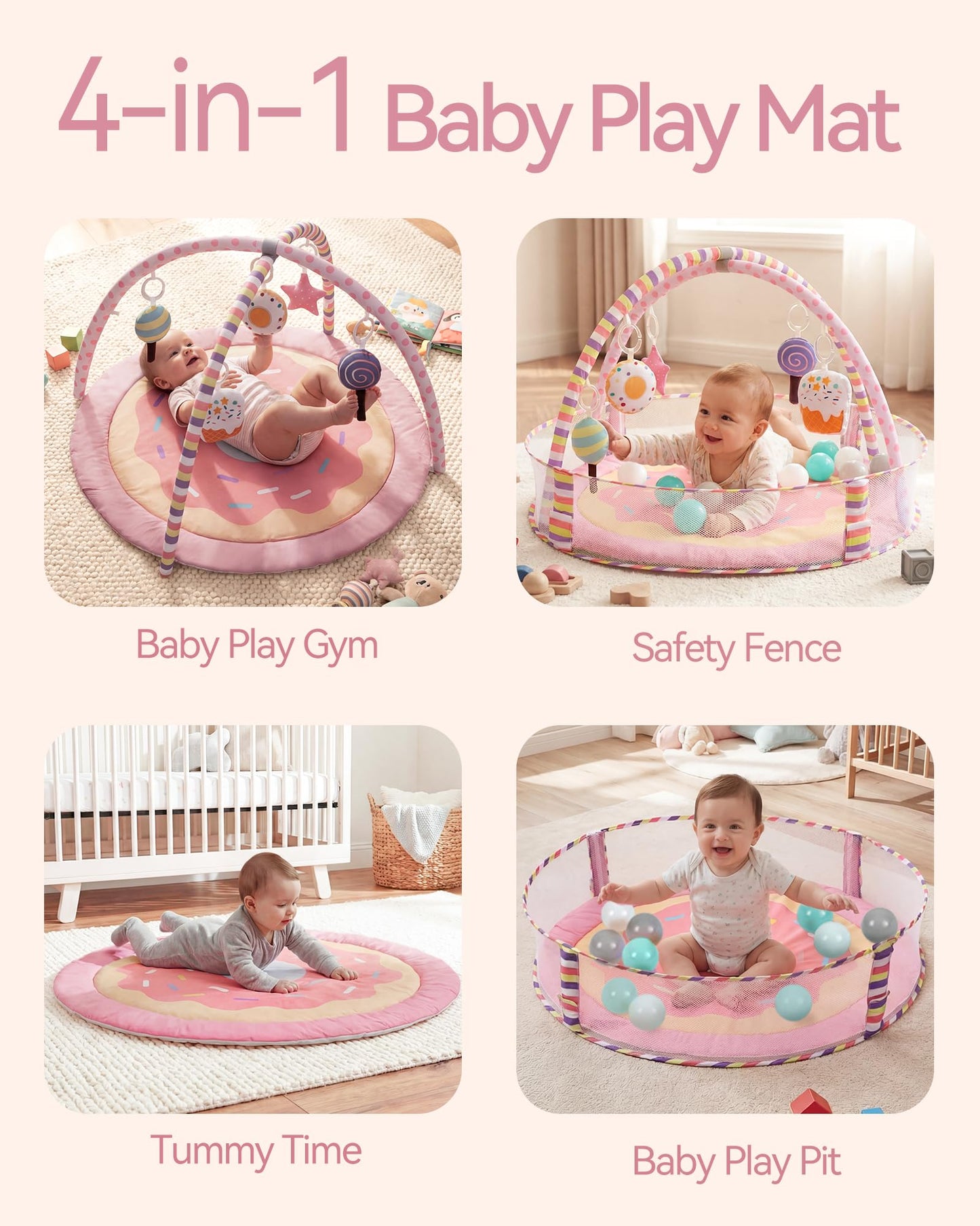 4-in-1 Baby Play Mat & Baby Play Gym,Baby Girl Play Mat Activity Gym, Pink Donut Tummy Time Mat for Babies and Toddlers, Infant Activity Center for Newborn to Develop Motor Cognition