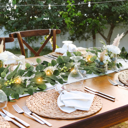 MDSTBN Eucalyptus Garland with Lights, 6FT Spring Garland Eucalyptus Leaves with Flower Berries Artificial Greenery Vine for Mantle Porch Wall Wedding Arch Backdrop Table Decoration