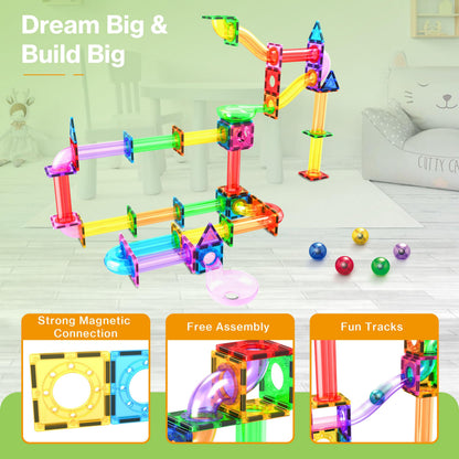 PicassoTiles 120pc Magnetic Tile Marble Run Set STEM Construction Toy with Track Building Blocks Educational Learning Compatible for Brain Development Creativity Coordination Kids Age 3 Plus PTG120